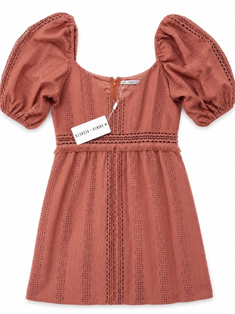 Eyelet Puff-Sleeve Mini Dress in Rust